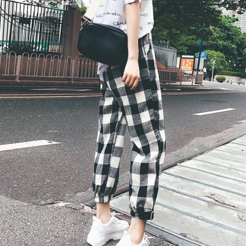 Black White Plaid Sweatpants For Women