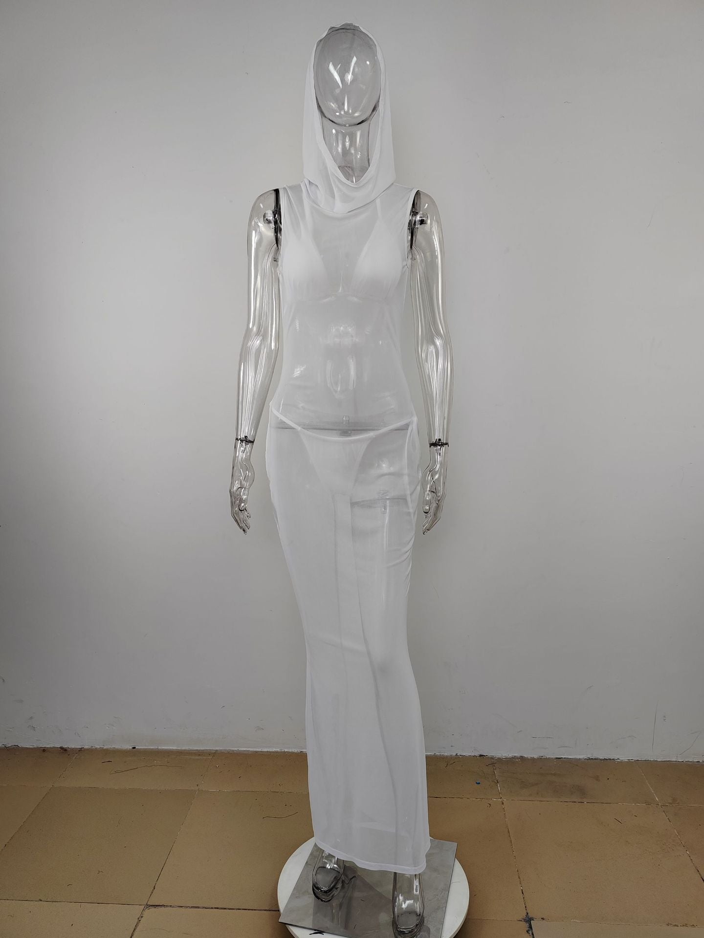 Women Hooded Mesh Long Dress