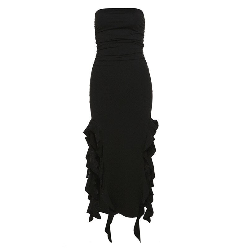 Women's Ruffle Fringe Double High Split Long Dress