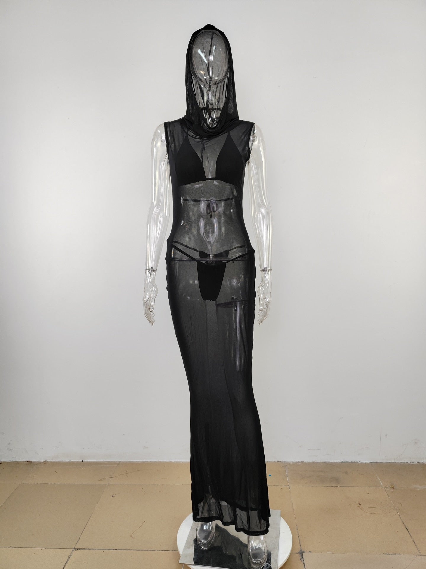 Women Hooded Mesh Long Dress