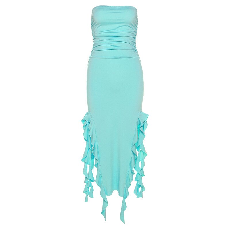 Women's Ruffle Fringe Double High Split Long Dress