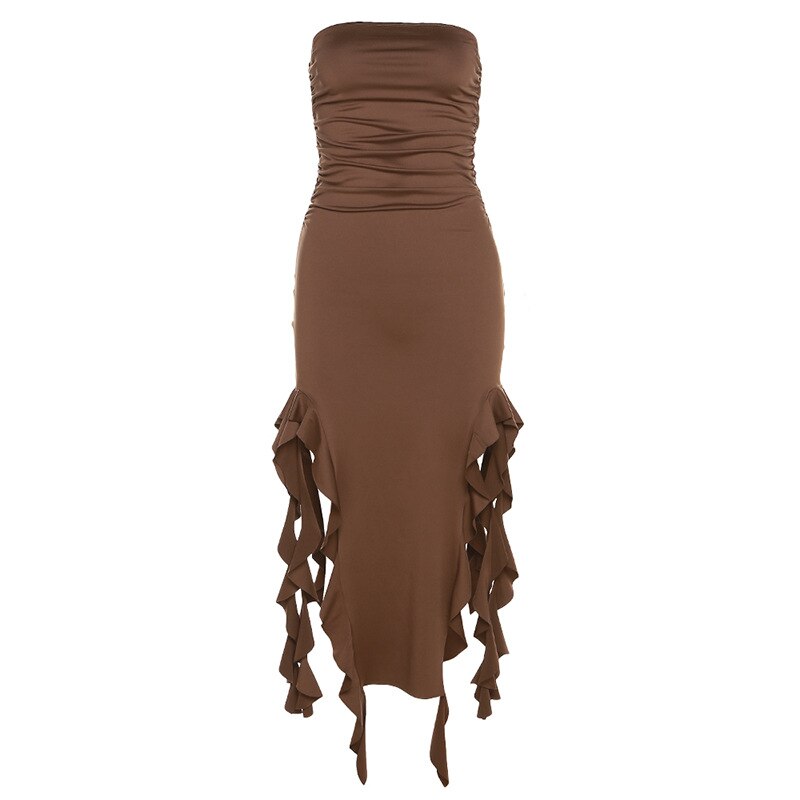 Women's Ruffle Fringe Double High Split Long Dress