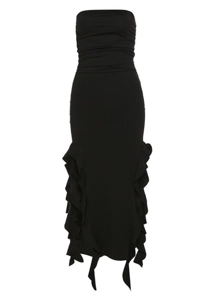 Women's Ruffle Fringe Double High Split Long Dress